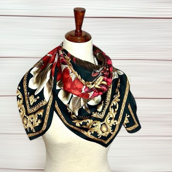 Echo Feather Pow Wow Silk Scarf Feather Pattern Red Taupe Black Gold Details - Picture 3 of 12